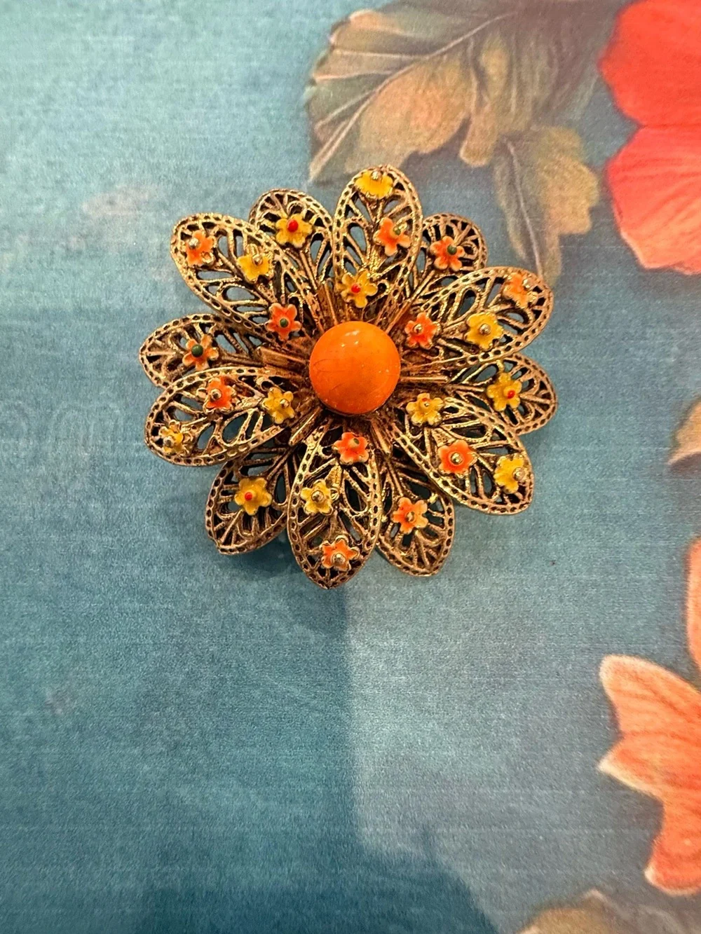 Vintage-Inspired Orange Floral Filigree Brooch